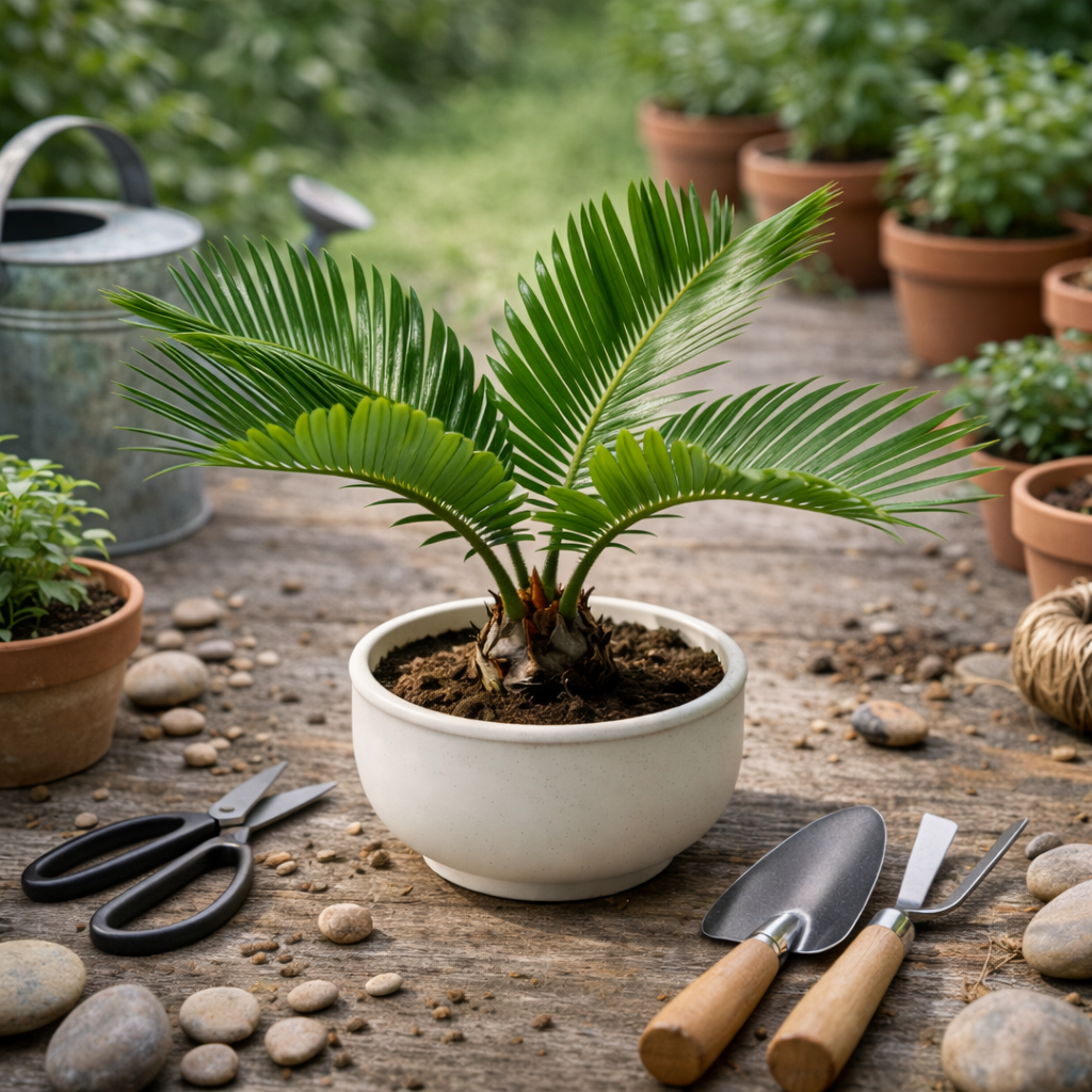 Mini Sago Palm (Cycas) in Modern Ceramic Planter